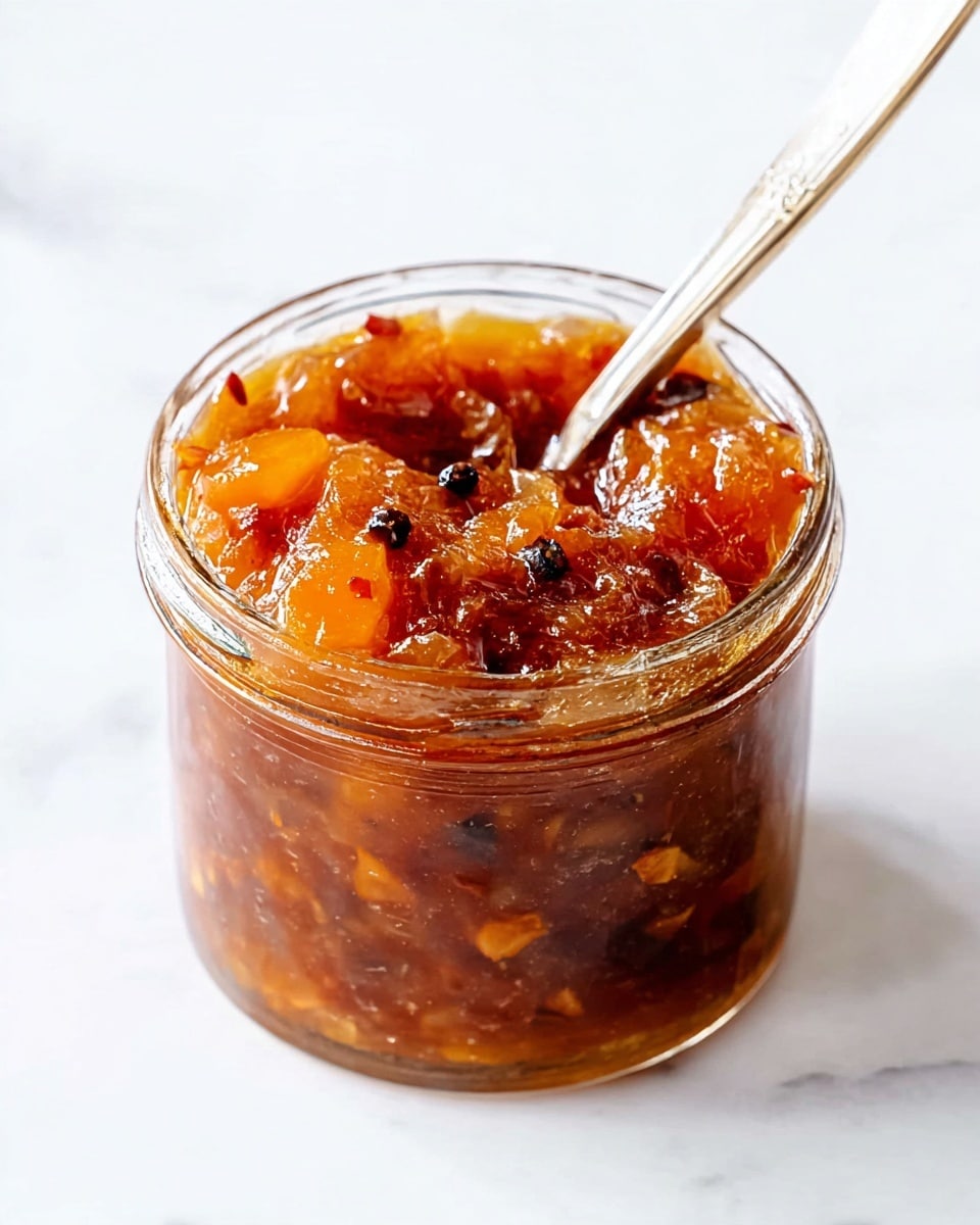 A clear glass jar filled with thick, chunky orange and brown chutney with visible small pieces of fruit and spices, including black peppercorns. The chutney has a shiny, sticky texture and looks dense and rich. A silver spoon is inside the jar, slightly submerged in the chutney. The jar is placed on a white marbled surface with bright, even light. photo taken with an iphone --ar 4:5 --v 7