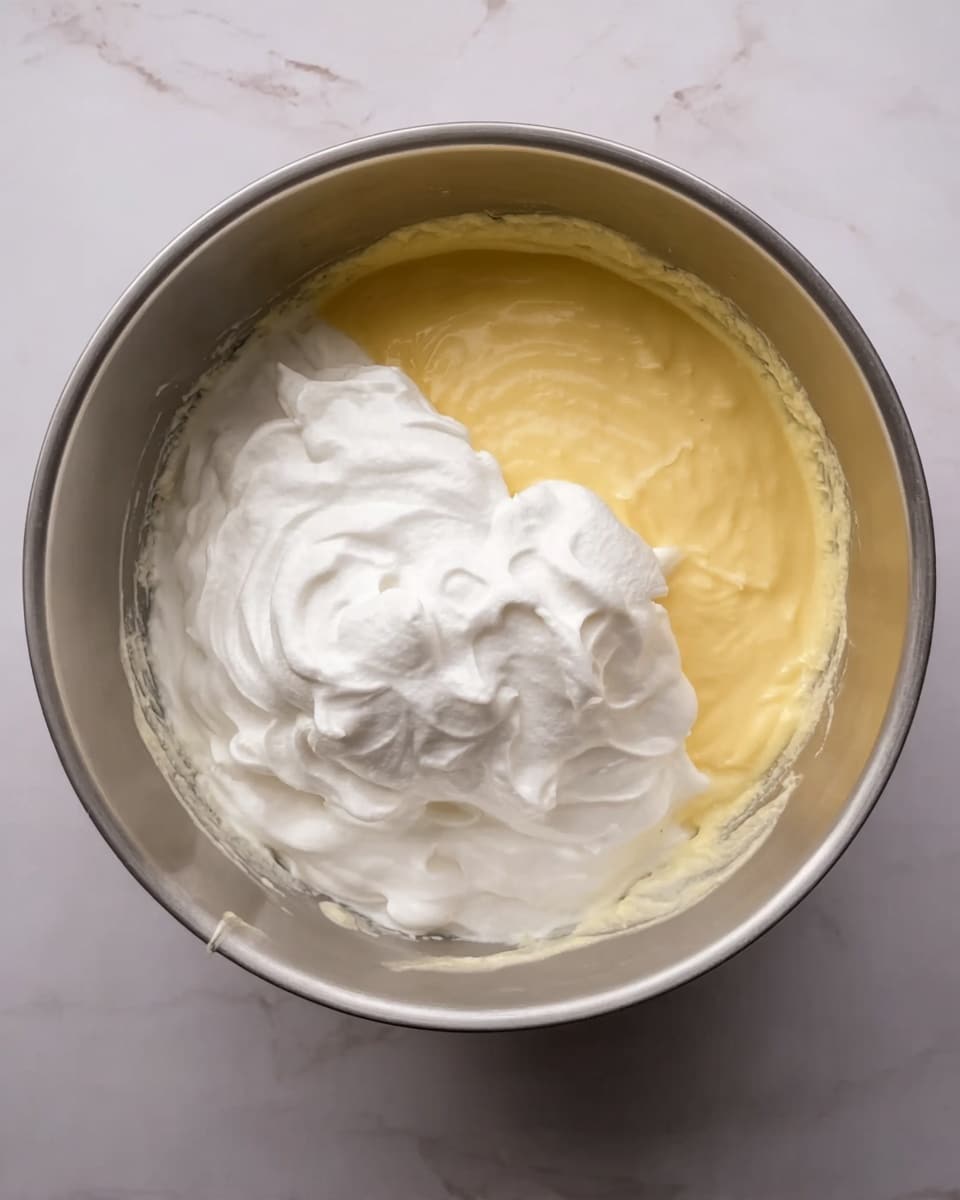 A metal bowl sits on a white marbled surface, holding a mixture of two layers: a yellow creamy mixture at the bottom and a fluffy white whipped mixture sitting on top, with soft peaks visible. The yellow layer looks smooth and thick, while the white layer is light and airy, showing a contrast in texture and color within the bowl. photo taken with an iphone --ar 4:5 --v 7