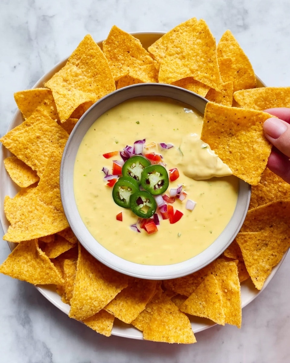 A bowl of creamy yellow cheese sauce sits in the middle of a large white plate, surrounded by many triangular yellow corn chips with a rough texture. The cheese sauce is smooth and thick, topped with three slices of green jalapeño and small pieces of red tomato and purple onion. One chip is dipped into the sauce, held by a woman's hand. The background is a white marbled surface. Photo taken with an iphone --ar 4:5 --v 7