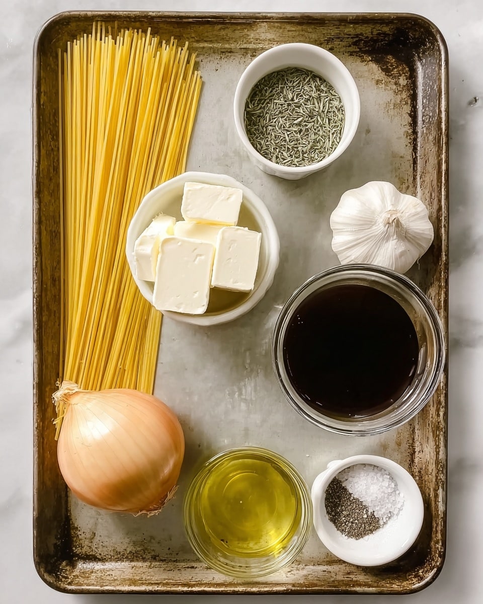 The image shows an overhead view of cooking ingredients neatly arranged on a rustic metal tray with a white marbled background. In the top left, there is a bundle of uncooked yellow spaghetti noodles lined up vertically. To the right, a small white bowl with a mix of dried green herbs sits next to a whole bulb of garlic. Below, a clear glass bowl contains two blocks of white butter, and next to it, a white bowl filled with a dark brown liquid, possibly soy sauce or balsamic vinegar. On the bottom left corner, a whole light brown onion is placed, while near the center bottom, a small clear glass bowl holds a pale yellow liquid, likely olive oil. Finally, on the bottom right, a small white bowl with coarse salt and black pepper sits. photo taken with an iphone --ar 4:5 --v 7