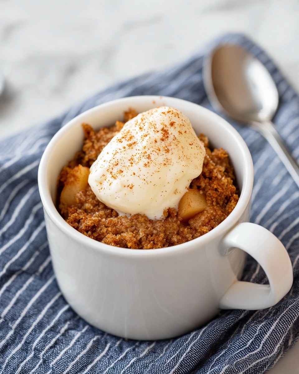 A white mug is filled with a warm, crumbly brown baked dessert that has small pieces of soft apple visible in it. On top is a thick dollop of smooth, creamy white sauce or yogurt, sprinkled lightly with fine, warm brown cinnamon powder. The mug sits on a blue and white striped cloth, placed on a white marbled surface. A silver spoon lies blurred in the background. photo taken with an iphone --ar 4:5 --v 7