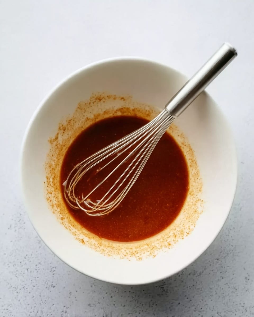 A white bowl on a white marbled surface holds a small amount of smooth, dark reddish-brown sauce at the bottom with some light splashes on the sides of the bowl. A silver whisk rests inside the bowl, its handle pointing outwards and the wire loops slightly touching the sauce. The scene is simple and clean with focus on the sauce texture and the white bowl. photo taken with an iphone --ar 4:5 --v 7