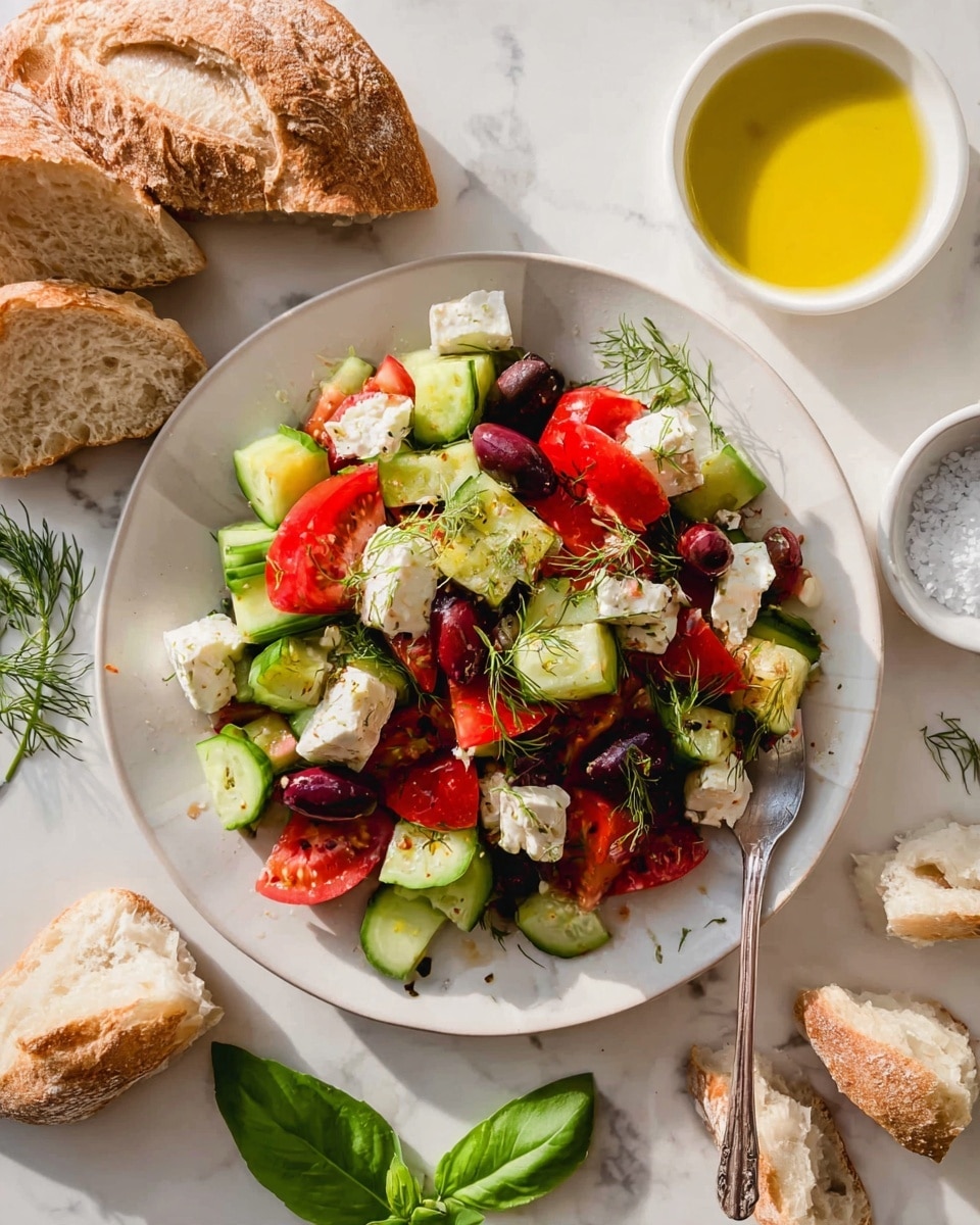 A white plate holds a fresh salad with three main layers: the bottom layer is sliced green cucumbers, the middle layer consists of bright red tomato wedges and dark purple olives, and the top layer shows chunks of white cheese scattered with green basil leaves and small sprigs of dill. To the side of the plate, pieces of torn light brown bread rest directly on a white marbled surface, along with a few loose green basil leaves. Nearby, there is a small white bowl containing a yellow dressing and a small white dish with coarse salt, while a spoon dips into the salad from the right side. The whole scene is set on a white marbled background with a soft natural light. photo taken with an iphone --ar 4:5 --v 7