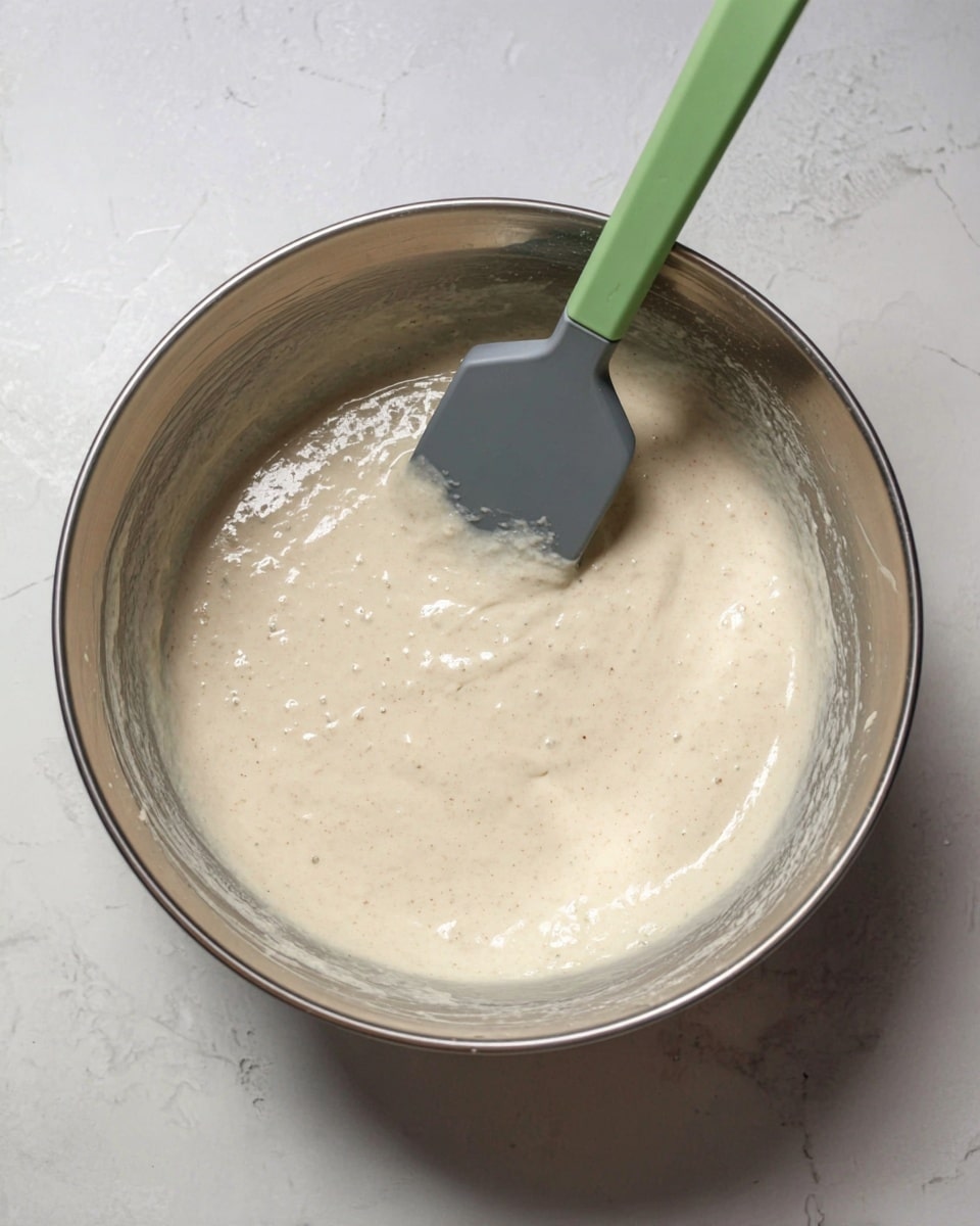 A silver metal bowl filled with a thick, creamy light beige batter that has small bubbles and a smooth texture. A gray spatula with a green head rests inside the bowl, partially covered by the batter. The bowl is placed on a white marbled surface. photo taken with an iphone --ar 4:5 --v 7