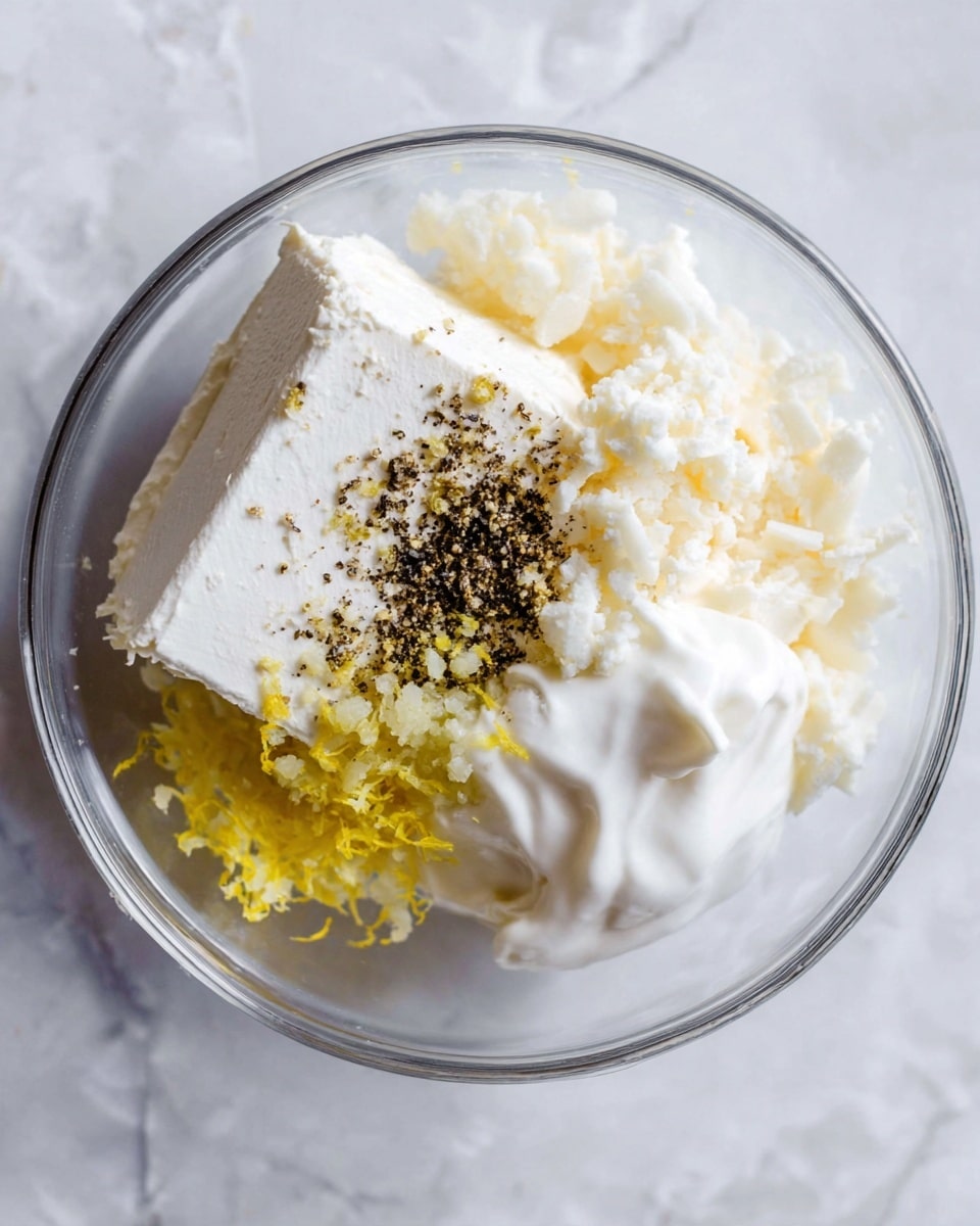 In a clear glass bowl on a white marbled texture, there is one block of soft white cream cheese on the left side, with some rough grated white cheese below and to the right of it. To the right of the cream cheese, there is a smooth dollop of white sour cream. On top of the cream cheese and sour cream, there are small black pepper granules sprinkled in a scattered way. At the bottom left, there is bright yellow grated lemon zest, and some finely minced pale yellow garlic near it. The textures range from smooth and creamy to crumbly and grated. Photo taken with an iphone --ar 4:5 --v 7