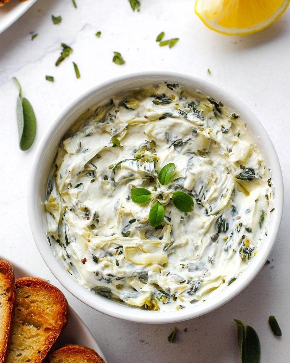 The image shows a white bowl filled with a creamy dip that has a mix of white and light green colors, with visible chunks and swirls of leafy greens and artichoke pieces throughout the dip. The dip is topped with small fresh green herb leaves placed in the center, adding a pop of bright green color. The bowl is set on a white marbled surface, with scattered herb leaves nearby and a half lemon placed at the top right corner above the bowl. Part of a white plate with toasted bread slices is slightly visible at the bottom left. Photo taken with an iphone --ar 4:5 --v 7