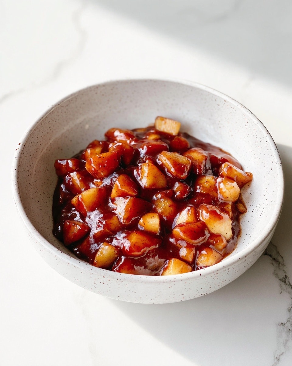 A white speckled bowl holds a glossy mixture of small, uneven chunks of red and yellow apples coated in a rich, dark cinnamon sauce that has a thick, sticky texture. The sauce clings to the apple pieces, pooling slightly at the bottom of the bowl, giving the dish a warm, caramelized appearance. The bowl sits on a white marbled surface with soft natural light enhancing the shine on the sauce and the softness of the cooked apples. photo taken with an iphone --ar 4:5 --v 7