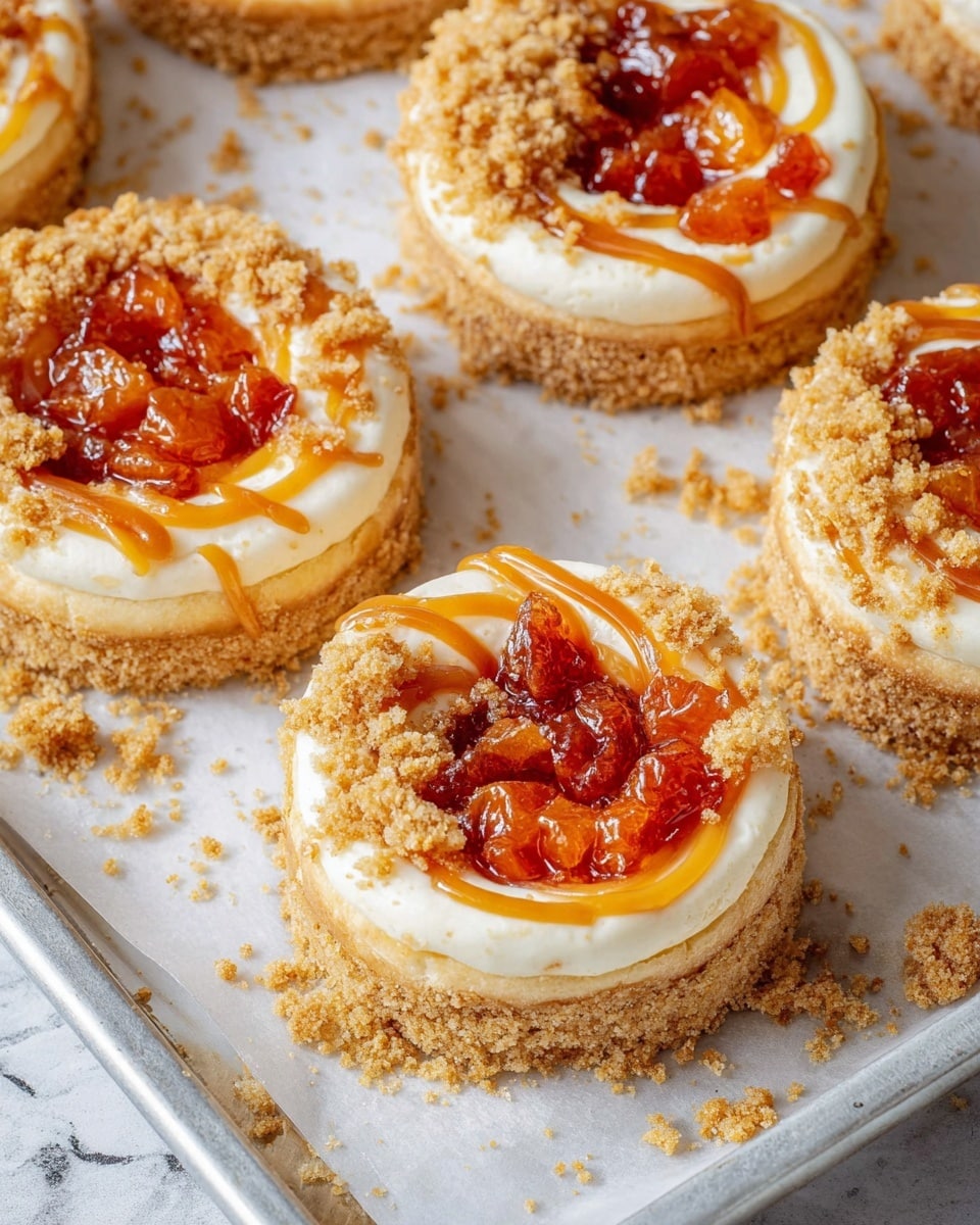 The image shows several round pastries on a white marbled surface lined with white paper, all placed on a metal tray. Each pastry has three layers: a light golden crust base with a crumbly texture on the outer edge, a creamy white layer in the middle topped with small chunks of caramelized fruit in glossy orange and red syrup in the center. There is a swirl of amber-colored caramel drizzle on top and crumbly streusel scattered around the edges and surface. Crumbs from the streusel are scattered around the pastries on the paper. photo taken with an iphone --ar 4:5 --v 7