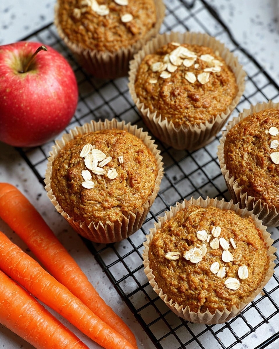 The image shows five golden brown muffins with a slightly rough top texture, each in light brown paper liners. On top of each muffin, there are scattered light beige oat flakes adding texture and contrast. The muffins rest on a black wire cooling rack against a white marbled surface. On the left side, there is a fresh red apple with a shiny skin and three bright orange carrots with green tops partly visible. The overall scene is bright with natural light. photo taken with an iphone --ar 4:5 --v 7
