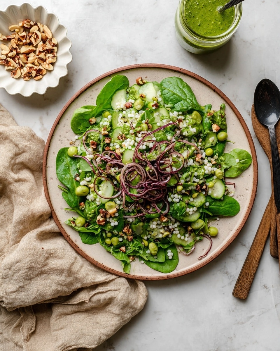 The image shows a fresh salad on a round white plate with a brown edge, placed on a white marbled surface. The salad has three main layers: a base of bright green spinach and arugula leaves, a middle layer of light green cucumber slices and small white couscous pearls, and a top layer of thin, curly dark purple onion rings along with scattered green peas and small brown nut pieces. Next to the plate, on the surface, there is a small white scalloped bowl filled with chopped nuts and a clear glass jar with a green sauce and a black spoon inside. A beige cloth is laid under the plate and two wooden salad forks rest nearby. Photo taken with an iphone --ar 4:5 --v 7