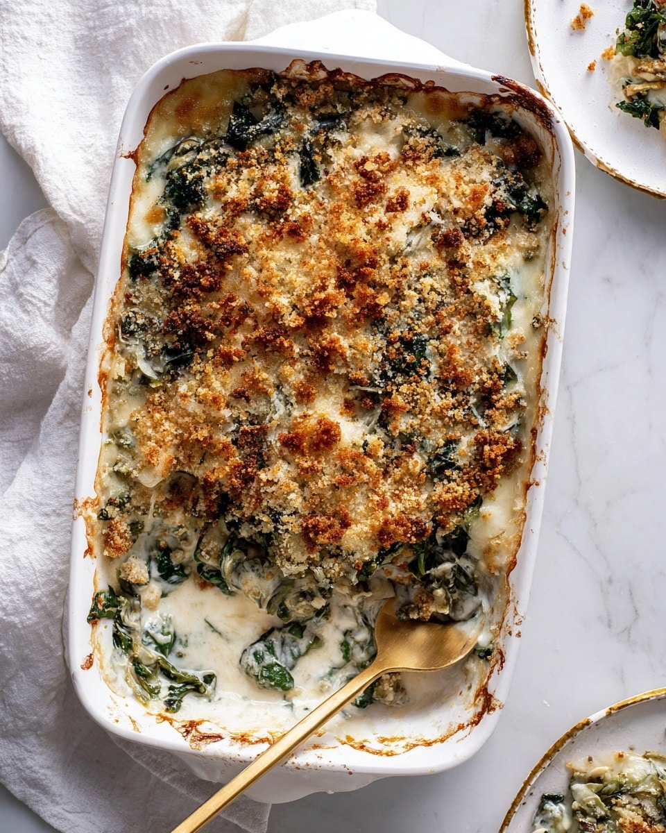 A white rectangular dish filled with a baked casserole showing several layers: the bottom layer is creamy white sauce with bits of green leafy vegetables mixed in, the middle layer has dark green cooked kale, and the top layer features melted and browned cheese with a golden crispy breadcrumb topping scattered unevenly. The edges of the casserole have some browned spots and melted cheese spreading outwards. A golden serving spoon is resting inside the dish at the bottom right corner. The dish is placed on a white marbled surface with a white cloth nearby and a partial view of a white plate with a gold rim holding a portion of the casserole on the right side. Photo taken with an iphone --ar 4:5 --v 7