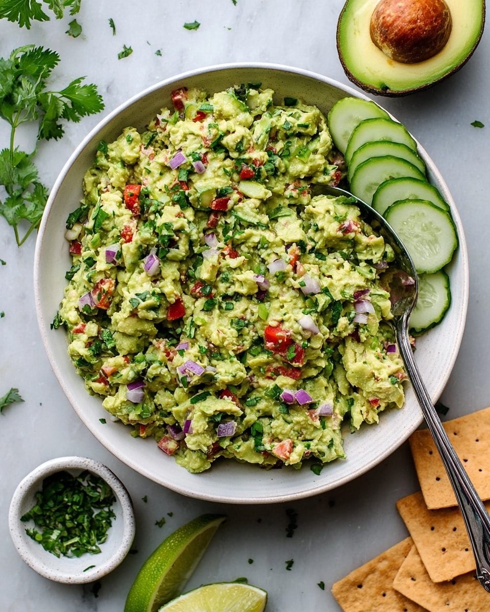 A white bowl filled with mashed avocado mixed with diced red onions, small tomato pieces, and chopped green herbs, giving it a chunky green texture with colorful red and purple bits scattered throughout. On top, there are thin, round slices of green cucumber and a wedge of bright green lime placed near the edge of the bowl. A silver spoon rests inside the bowl on the right side, partially scooping some of the mixture. Around the bowl, on a white marbled surface, are fresh green lime wedges, cilantro leaves, half an avocado showing its light green flesh and brown seed, and a small white bowl with chopped green herbs. There are also two rectangular beige crackers placed to the upper right of the bowl. Photo taken with an iphone --ar 4:5 --v 7