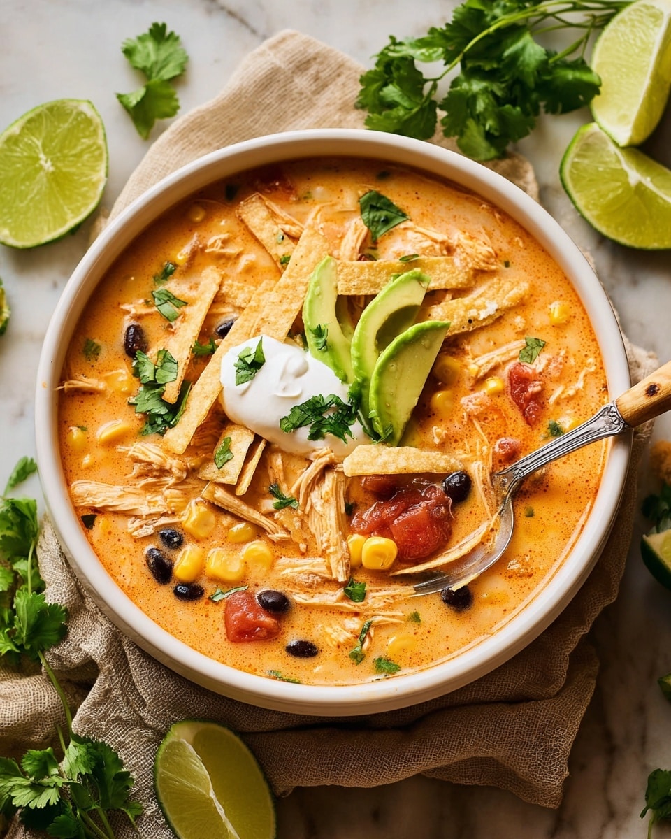 A white bowl filled with creamy orange soup that has visible layers of shredded chicken, black beans, yellow corn, and small tomato pieces mixed inside. On top, there are thin crispy tortilla strips, a dollop of white sour cream with green cilantro leaves, and several slices of fresh green avocado. A large green lime wedge rests on the edge, and a silver spoon with a wooden handle dips into the soup, holding some beans, corn, and chicken. The bowl sits on a beige cloth over a white marbled surface with scattered lime wedges and fresh cilantro leaves around. Photo taken with an iphone --ar 4:5 --v 7