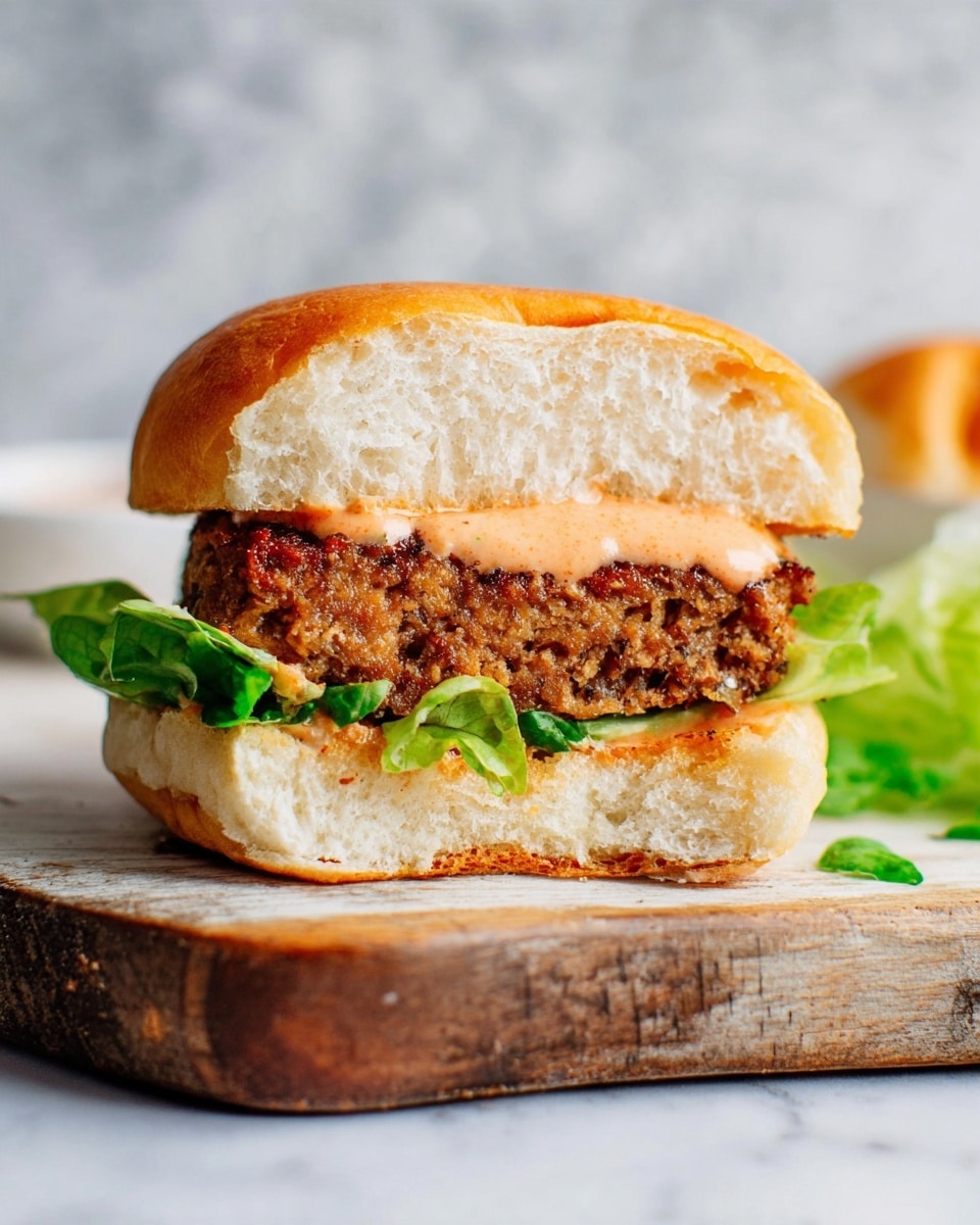 A close-up view of a sandwich with four layers: the top bun is golden brown and soft with a bite taken out of it showing its light, airy texture; below it, a layer of orange creamy sauce is spread directly on a thick, well-cooked brown patty with a crumbly texture; under the patty, fresh green lettuce leaves add a crisp texture; and at the bottom, the white fluffy bottom bun supports the sandwich. The sandwich is placed on a rustic wooden board with a white marbled background. Photo taken with an iphone --ar 4:5 --v 7