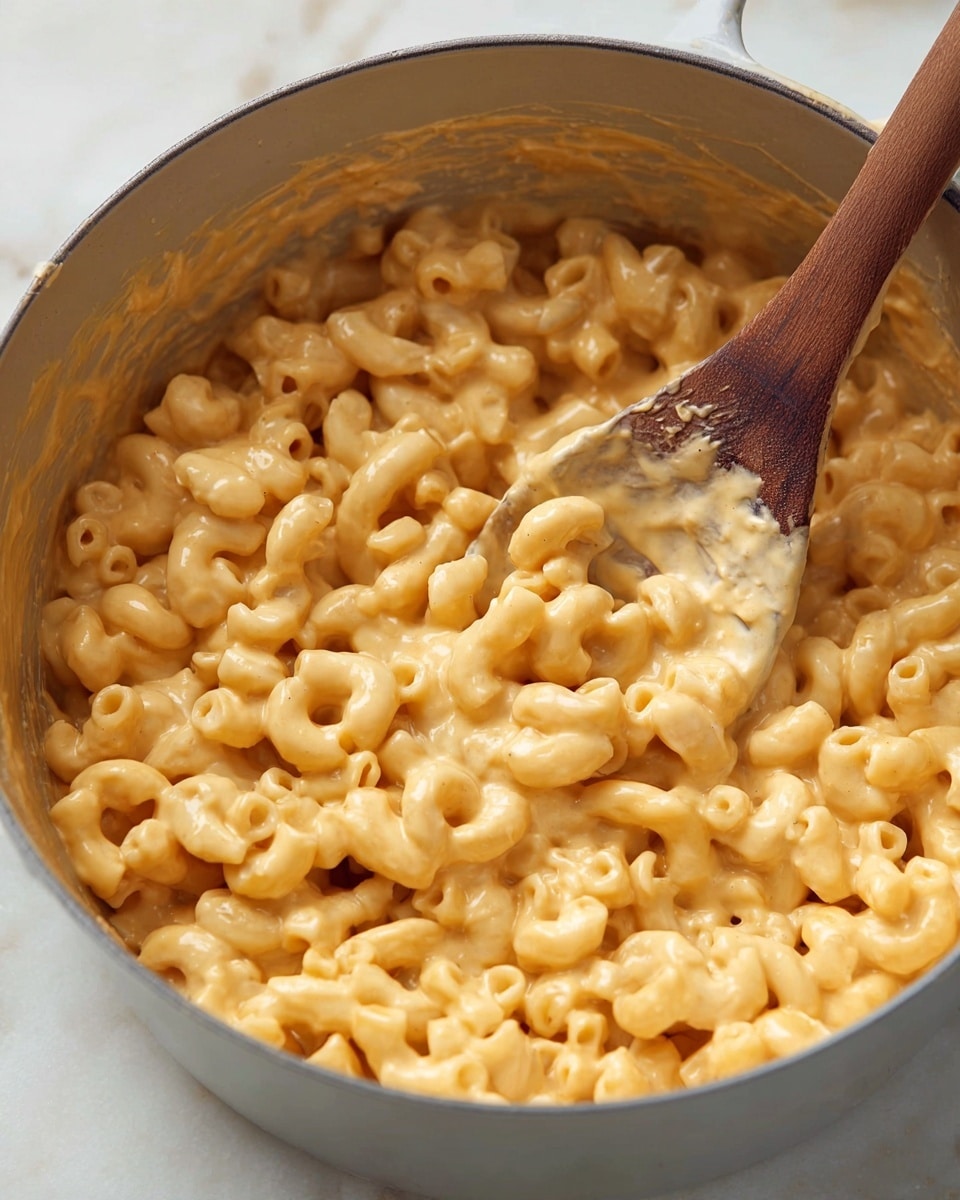 The image shows elbow macaroni inside a light gray pot, covered in a creamy pale orange cheese sauce with a smooth texture. The macaroni pieces are thick, curved tubes, evenly coated with the sauce, giving the dish a soft, rich look. A wooden spoon is partially inside the pot, with some cheese sauce on its surface, angled from the right side. The background surface is a white marbled texture. photo taken with an iphone --ar 4:5 --v 7