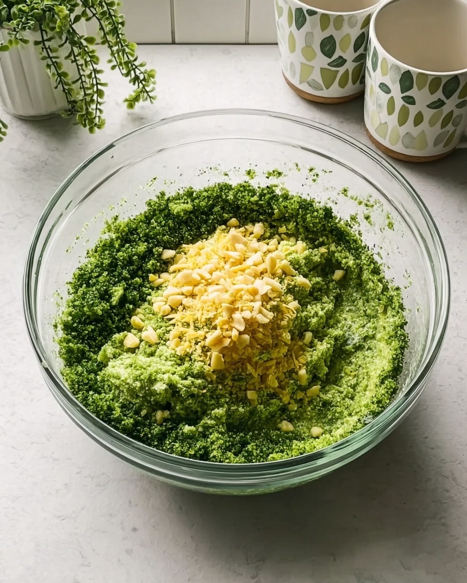 A clear glass bowl sits on a white marbled countertop filled with a rough green mixture that looks like mashed vegetables or herbs as the first layer. On top of this green layer, there is a second layer of chopped light yellow nuts or cheese placed in the center, creating a contrast with the green mixture around it. The bowl is positioned near a white tiled wall with two white and green patterned mugs and some small green hanging plants in the background. Photo taken with an iphone --ar 4:5 --v 7
