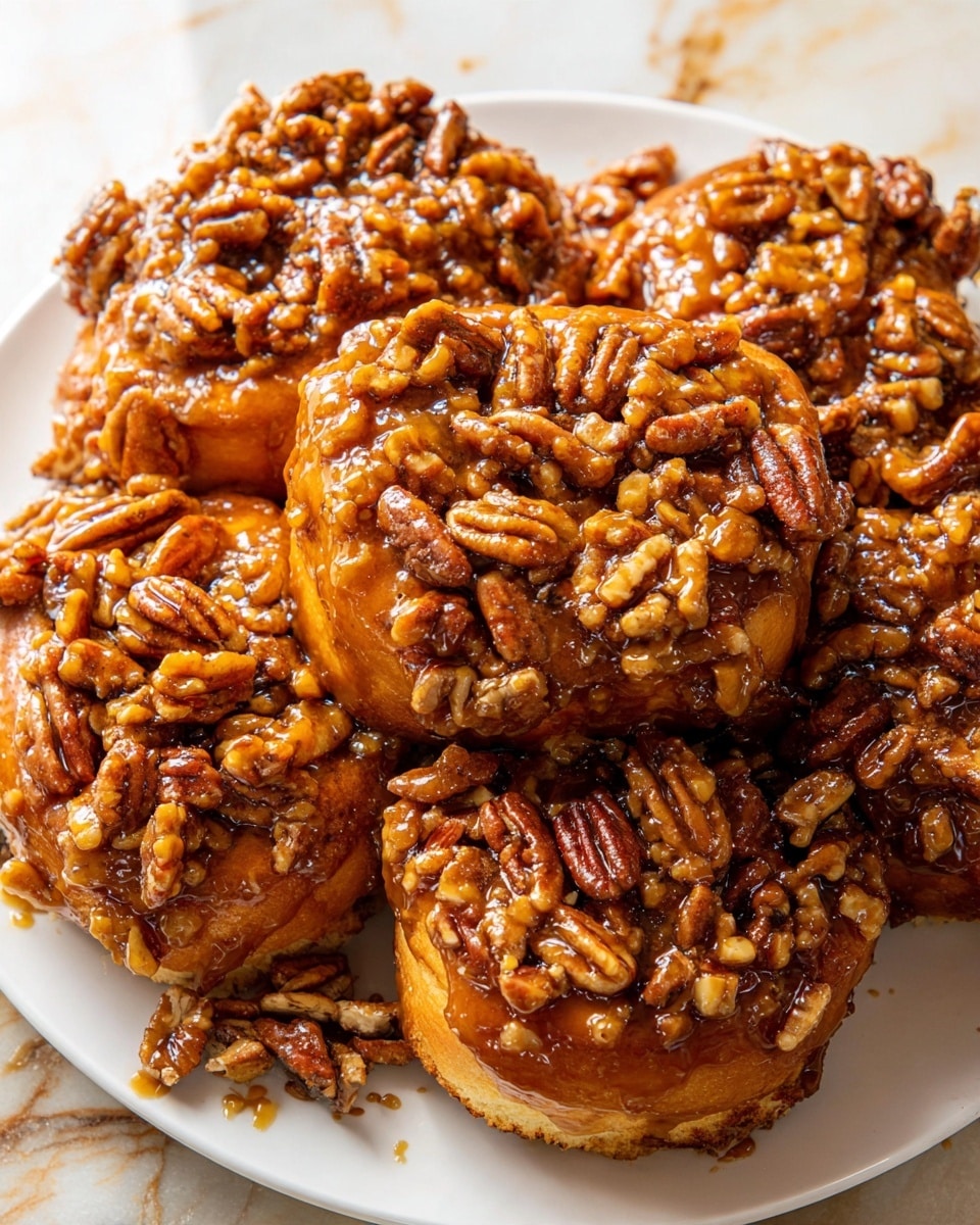 A close-up view of a plate filled with sticky sticky buns covered in rich, shiny caramel glaze and thick layers of chopped pecans. The buns show a soft golden brown dough underneath the caramel and pecan topping, making a rough texture on top. The pile of buns covers most of the white plate, sitting on a surface with a white marbled texture, with some spilled caramel and pecans around the edges. The lighting makes the caramel shine and shows the nutty texture clearly, making the buns look warm and fresh. photo taken with an iphone --ar 4:5 --v 7