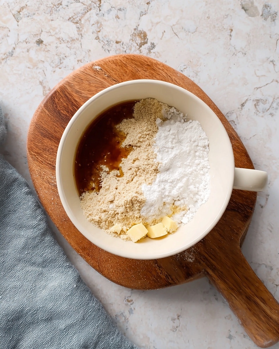 A white cup sitting on a wooden board holds several unmixed ingredients. Inside the cup, on the left side, there is a brown sticky syrup layer, next to a large pile of beige flour covering part of the syrup, overlapping with white sugar piled on top of the flour in the right half of the cup. The sweet butter is visible in small yellow chunks near the cup edge. The cup and board rest on a white marbled surface, with a grey cloth partially visible at the bottom left corner. Photo taken with an iphone --ar 4:5 --v 7