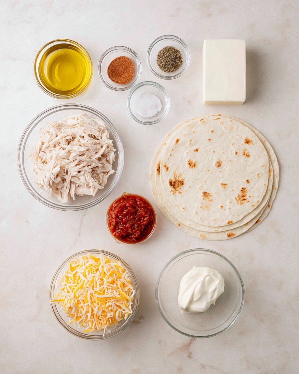 The image shows a top view of ingredients laid out on a white marbled surface, including two white round tortillas stacked on the right side with light brown spots. Near the tortillas, there are small clear glass bowls, one with light brown powder, another with reddish spice, and others containing black pepper and white salt. A small white bowl filled with olive oil is placed on the left, above a larger clear glass bowl filled with shredded light-colored cooked chicken. Below the chicken, a clear glass bowl holds a mix of shredded yellow and white cheese. To the right of the cheese, another clear glass bowl contains a rectangular block of white cream cheese. A small white bowl near the center holds red salsa with visible bits of pepper. All items are neatly arranged on the white marbled surface. photo taken with an iphone --ar 4:5 --v 7