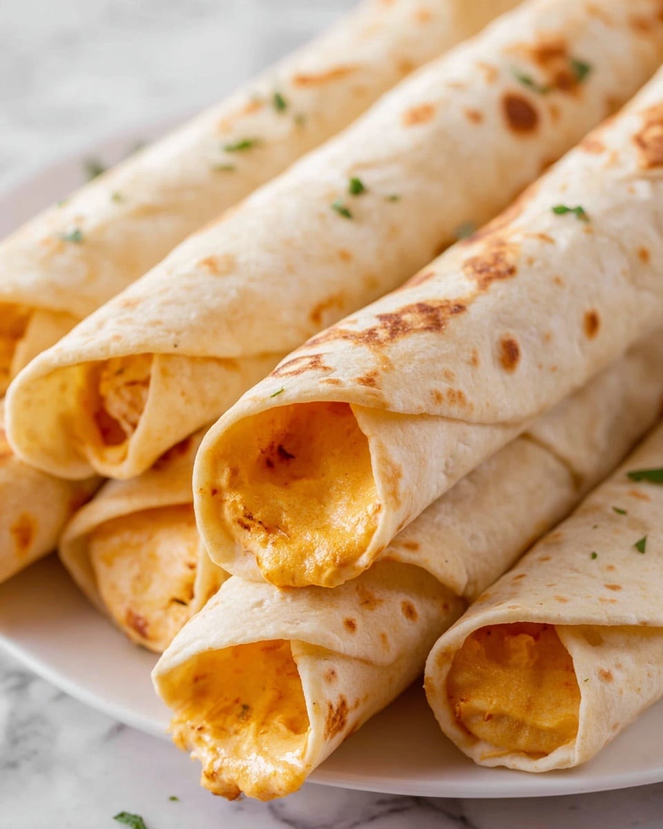 Several rolled tortillas filled with creamy orange filling are stacked close together. The tortillas are light beige with slight toasty spots and a soft texture, garnished with tiny pieces of green herbs on top. The orange filling inside looks smooth and thick, visible at the open ends of the rolls, slightly spilling out. The rolls rest on a white plate over a white marbled surface, enhancing their warm colors and texture. The photo taken with an iphone --ar 4:5 --v 7