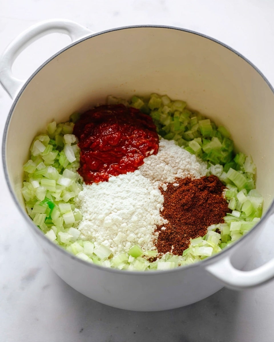 Inside a white pot, there is a mix of fresh ingredients layered closely together. The bottom layer shows finely chopped green celery and onion, soft and light in texture. Next to this is a small mound of white flour, smooth and powdery. Beside the flour, a bright red dollop of tomato paste sits prominently. Adjacent to the tomato paste are two piles of dark brown spices, finely ground and rich in color. The pot rests on a white marbled surface, giving a clean and bright look to the scene. photo taken with an iphone --ar 4:5 --v 7