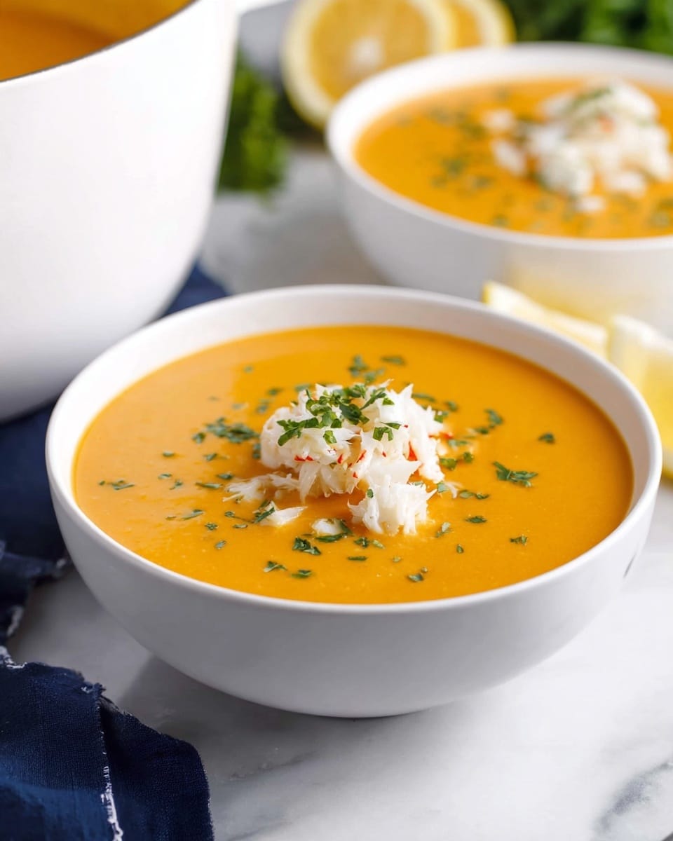 A white bowl filled with thick, creamy orange soup serves as the base layer, topped with a small heap of white crab meat in the center, sprinkled with finely chopped green herbs that add contrast to the smooth soup. The bowl sits on a white marbled surface with a navy cloth partly visible in the foreground. In the background, there is another white bowl with the same soup and crab meat topping, along with a halved lemon and some leafy greens blurred softly behind it. A white pot filled with the same orange soup is partially seen to the left. The scene is bright and clean, focusing on the creamy texture and fresh garnish photo taken with an iphone --ar 4:5 --v 7