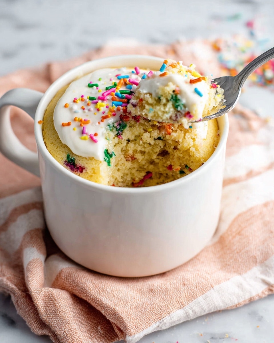 A white mug filled with a light yellow, soft cake that has colorful sprinkles mixed inside. On top of the cake is a layer of smooth white frosting with more colorful sprinkles scattered on it. A silver spoon is scooping out a portion from the right side, showing the crumbly texture of the cake. The mug sits on a folded peach and white striped cloth on a white marbled surface. photo taken with an iphone --ar 4:5 --v 7