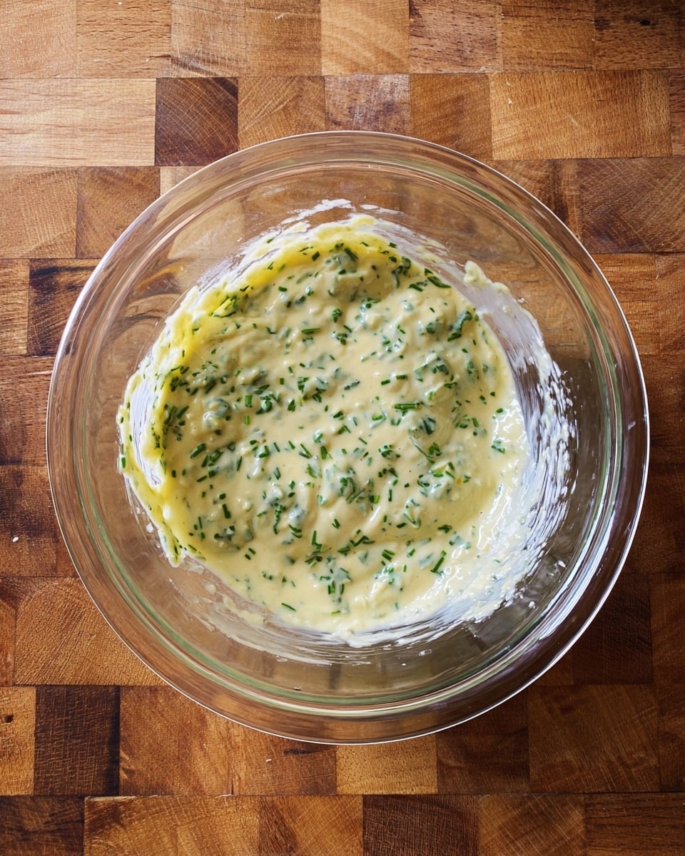 A clear glass bowl holds a single mixture layer with a creamy pale yellow base, dotted with finely chopped green herbs spread evenly throughout. The mixture has a smooth but slightly chunky texture, with visible small bits giving it depth. The bowl sits on a wooden surface made of square blocks with varied brown tones. The image is bright, clear, and simple with the focus on the bowl and its contents. photo taken with an iphone --ar 4:5 --v 7