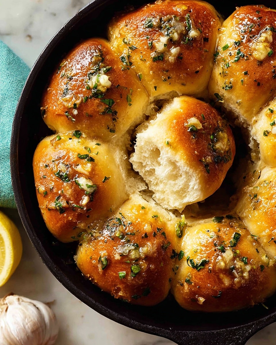 A close-up of nine soft, golden-brown garlic butter rolls in a black round pan, arranged tightly together in two rows of four with one roll missing, showing its airy, light interior with a fluffy texture. The rolls are sprinkled with finely chopped green herbs and minced garlic, giving a fresh and savory look. The background is a white marbled texture with a whole garlic bulb on the right and a slice of lemon partially visible at the bottom right corner. The lighting highlights the shiny, buttery surface of the rolls, making them look warm and inviting. photo taken with an iphone --ar 4:5 --v 7