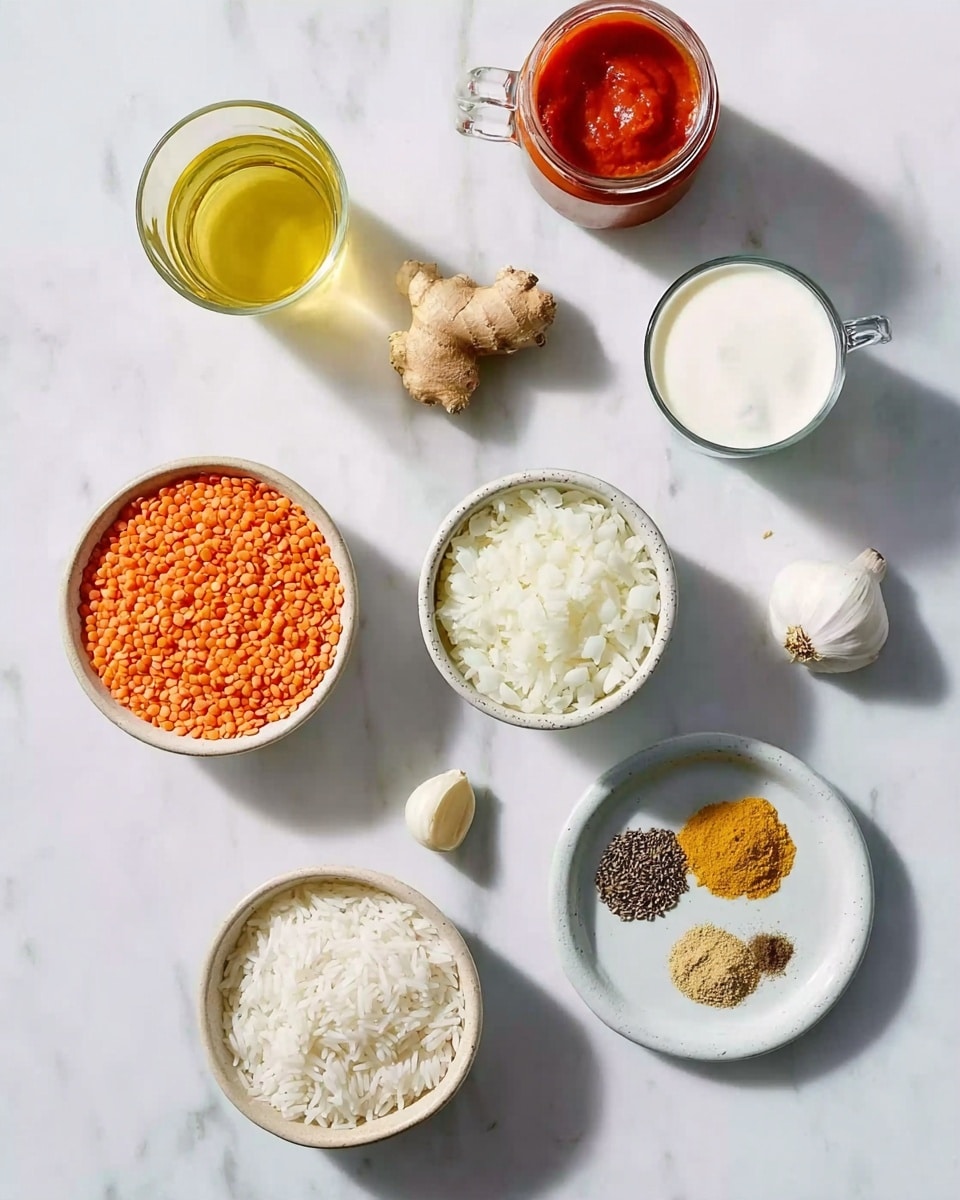 The image shows a clear white marbled surface with eight small bowls and containers arranged loosely in a circle, each containing different cooking ingredients. There is a white bowl filled with cooked white rice, a white bowl holding bright red lentils, and another white bowl containing chopped white onions. A small glass jar holds a light yellow oil, while a white bowl contains thick white yogurt. A can opened at the top reveals smooth red tomato sauce. A glass cup with a handle has a murky yellow broth inside. A white small plate holds several ground spices, including brown, beige, and yellow powders. A piece of fresh ginger root and a single garlic clove sit directly on the surface, completing the ingredients. The photo taken with an iphone --ar 4:5 --v 7