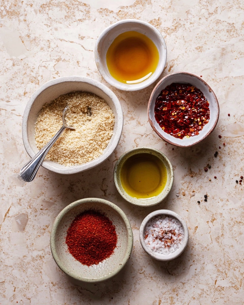 A top view of six small white bowls on a white marbled surface, each filled with different ingredients: one holds a pale, coarse powder with a silver spoon inside; another contains golden liquid oil; a third has bright red powder; a fourth is filled with red chili flakes; a fifth small bowl at the bottom left contains a mound of finely ground red spice; and the smallest bowl at the bottom right holds coarse white salt with some pepper mixed in. photo taken with an iphone --ar 4:5 --v 7