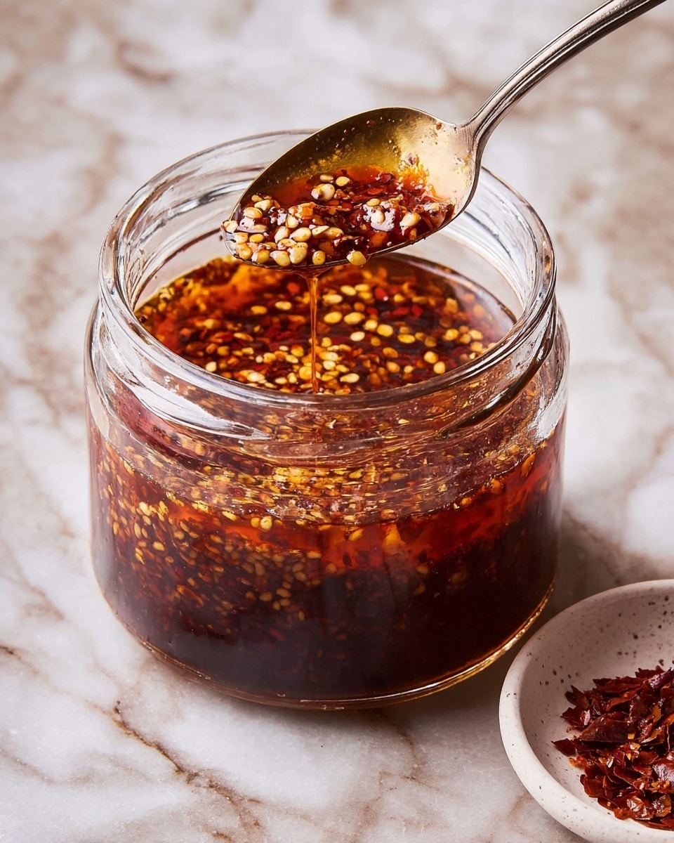 A clear glass jar holds a deep reddish-brown chili oil sauce filled with floating yellowish chili flakes and seeds layered throughout the liquid. A silver spoon scoops some of the chunky chili flakes with the reddish oil, hovering slightly above the jar's opening. The jar sits on a white marbled surface, with a small round white dish filled with dry red chili flakes beside it. Photo taken with an iphone --ar 4:5 --v 7