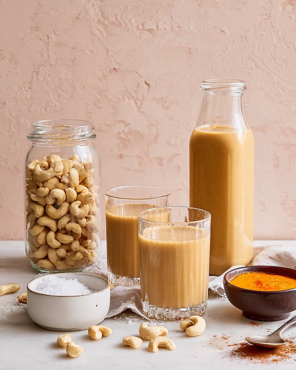 The image shows a tall clear glass bottle filled with a creamy, light brown liquid standing at the back right. In front of the bottle are two clear glasses, each filled about three-quarters with the same light brown drink. To the left, there is a clear jar full of whole cashew nuts. Scattered on the white marbled surface are loose cashews and a small, white bowl with coarse salt positioned in front of the cashew jar. On the right side near the bottom, there is a small brown bowl filled with orange puree and a white cup with a dark liquid. A silver spoon with some brown powder rests in front of the cup, partly on the surface. The background has a soft pink textured look. Photo taken with an iphone --ar 4:5 --v 7