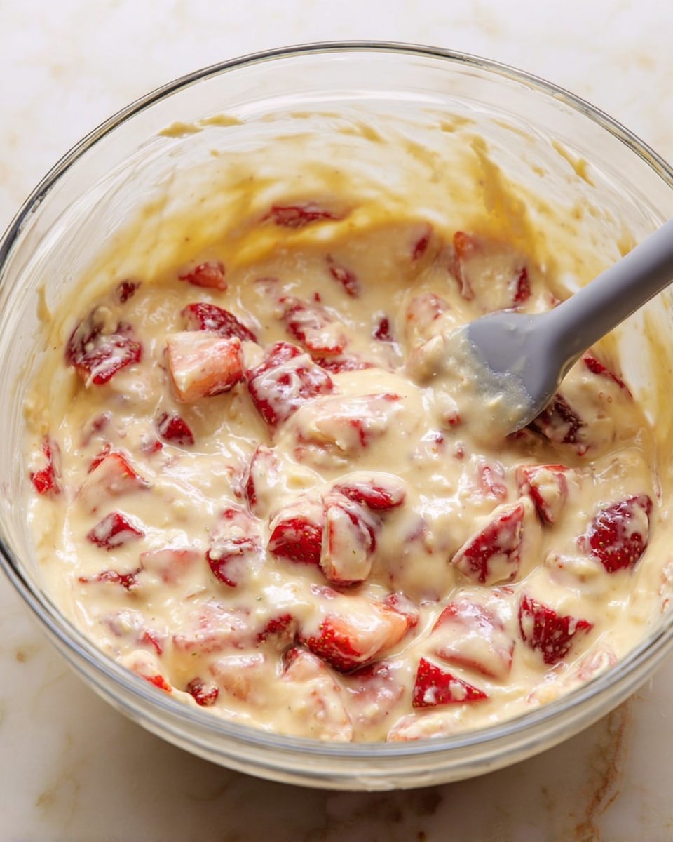 A clear glass bowl holds a thick, creamy batter mixed with many small pieces of red strawberries. The batter is pale yellow with a smooth, slightly shiny texture, and the strawberry chunks add bursts of bright red color throughout. A gray silicone spatula rests in the bowl, partially covered with the batter, showing the mix’s thick consistency. The bowl sits on a white marbled surface. photo taken with an iphone --ar 4:5 --v 7