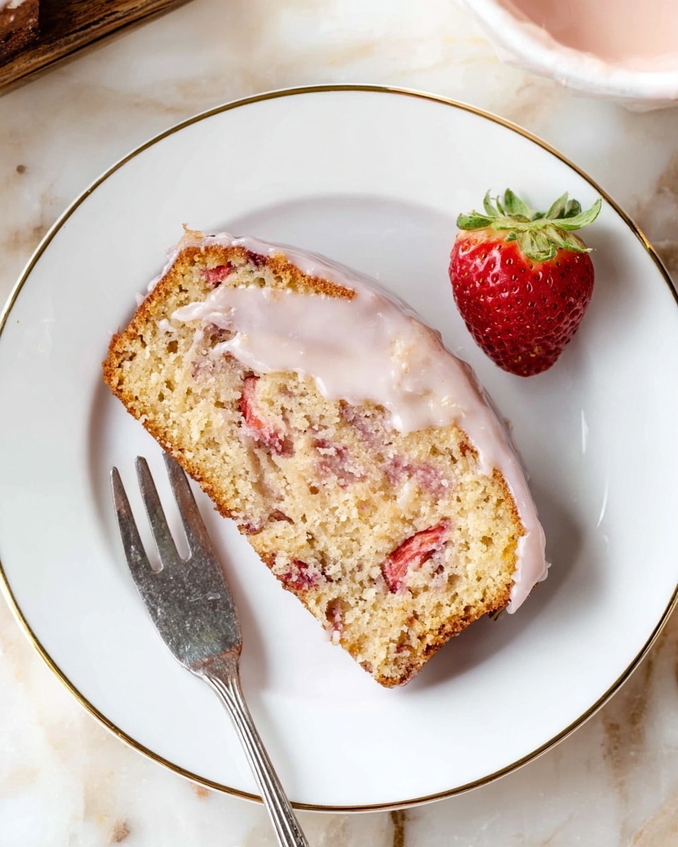 A single slice of light brown cake with visible pieces of red strawberry mixed inside sits in the center of a white plate with a thin gold rim. The cake has a moist texture and is topped with a light pink glaze unevenly spread over the top and sides. On the top right edge of the slice, there is a fresh half strawberry with the green stem still attached. To the left side of the cake slice, a silver fork rests on the white plate. The scene is set on a white marbled surface with a partial view of a bowl of pink glaze visible in the top right corner. photo taken with an iphone --ar 4:5 --v 7
