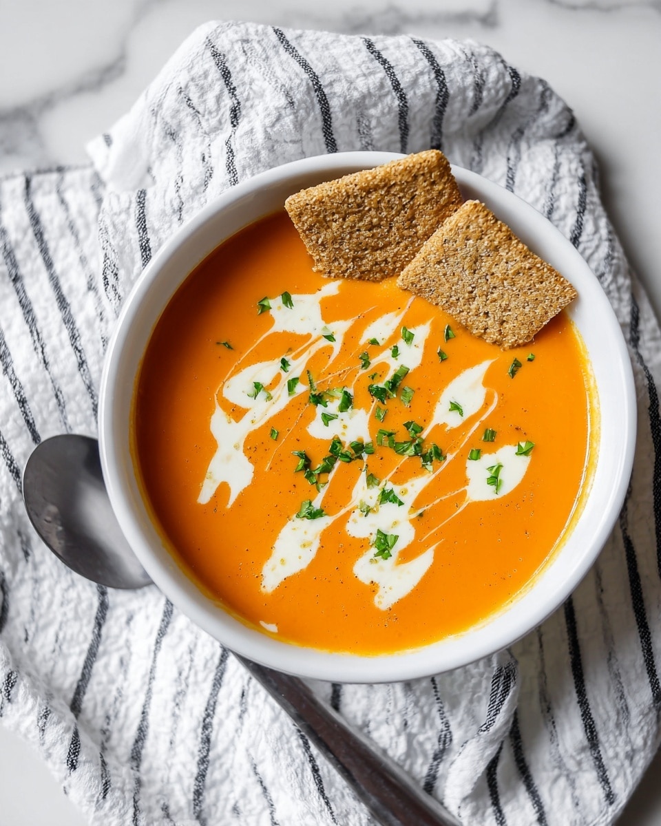 A white bowl filled with smooth orange soup, topped with white cream drizzles and small green chopped herbs. Two square, light brown cereal pieces are placed on the edge inside the bowl, partially dipped into the soup. The bowl is set on a white and black striped cloth with a textured look, resting on a white marbled surface. photo taken with an iphone --ar 4:5 --v 7