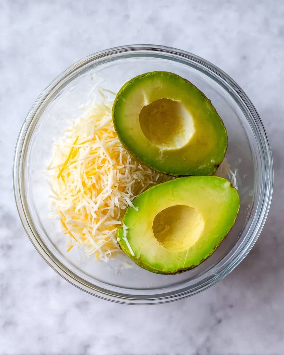 A clear glass bowl sits on a white marbled surface, holding two halves of a bright green avocado placed on top of a small pile of shredded white and yellow cheese. The avocado halves show smooth, glossy textures with the seed removed, where one half reveals the empty pit cavity. The cheese underneath is finely shredded, adding a soft, fluffy texture contrasting with the creamy avocado. The image is simple and clean with natural lighting. photo taken with an iphone --ar 4:5 --v 7