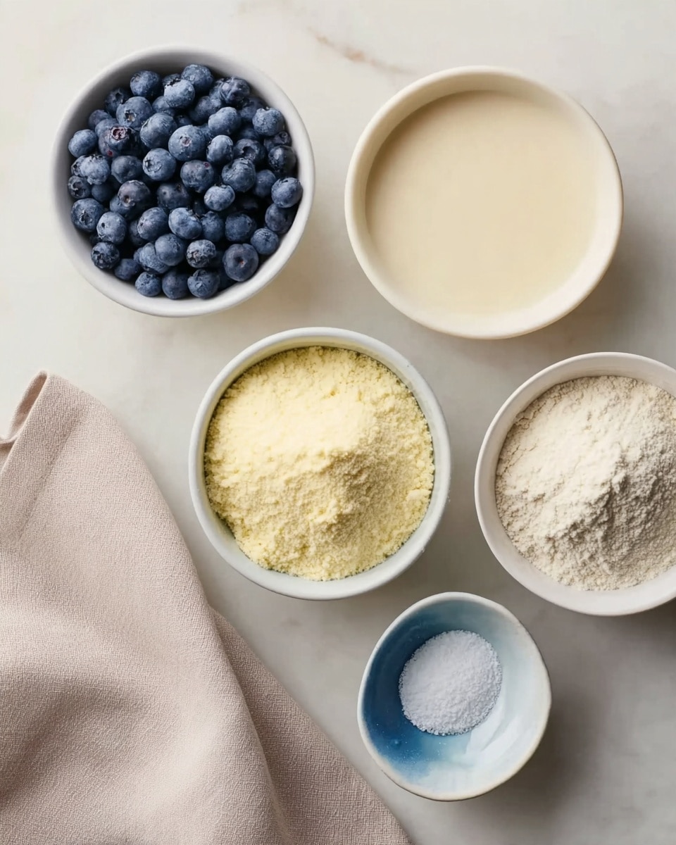 Five small white bowls are arranged on a white marbled surface, each filled with different baking ingredients. The top left bowl holds fresh blueberries, dark blue and round, filling the bowl up nicely. Next to it is a bowl with a smooth, creamy, off-white liquid. The top right bowl contains a pale yellow powder with a fine texture, filling the bowl most of the way. Below, in the center, a small white bowl with a hint of blue on the inside edge holds a white powder. To the right of this is a white bowl with a pale, fine, grainy powder filling about half the bowl. A soft beige cloth rests folded near the bottom left of the image. The overall arrangement is clean and simple. photo taken with an iphone --ar 4:5 --v 7