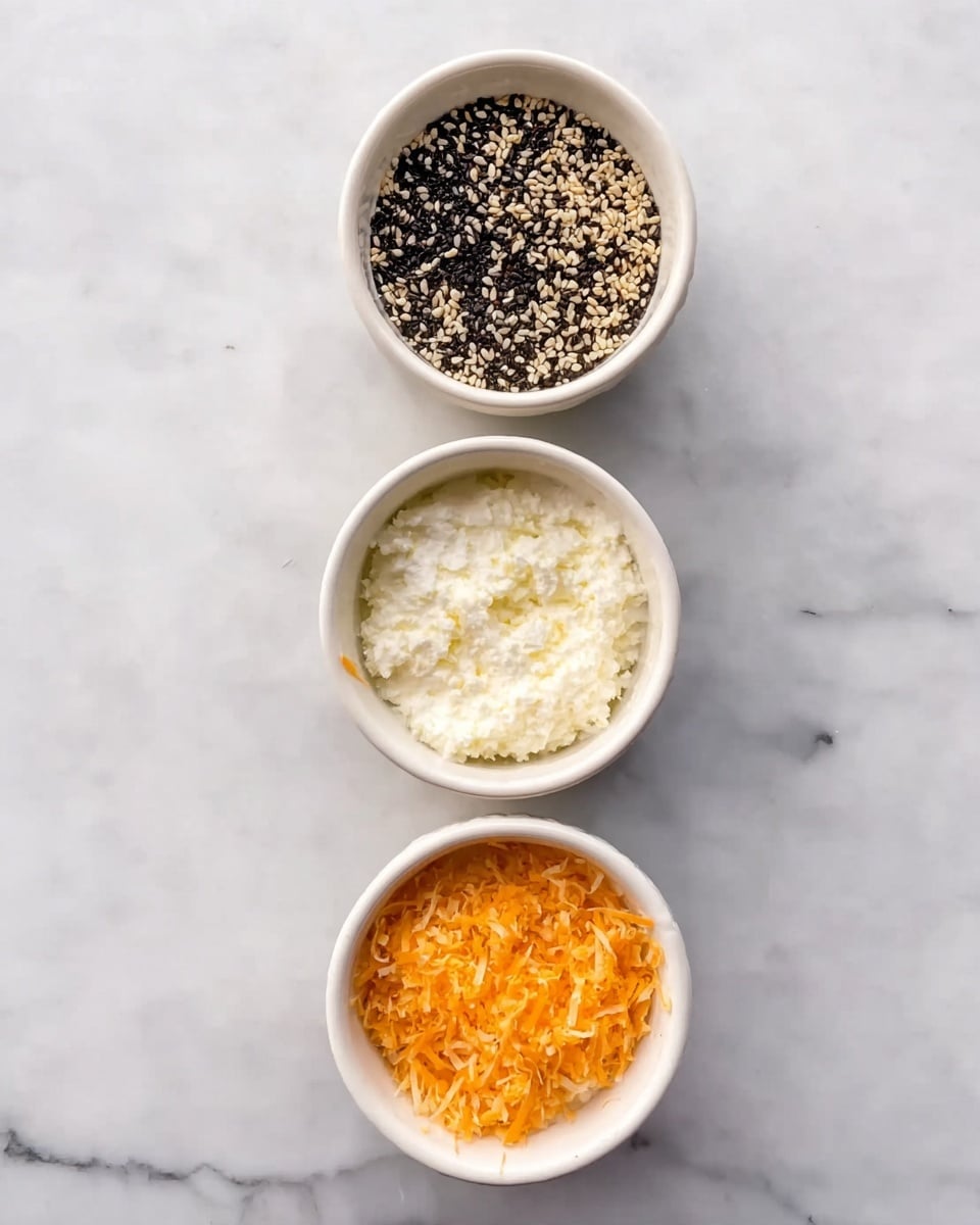 The image shows three small white bowls placed vertically on a white marbled surface. The top bowl is filled with a mix of black and white sesame seeds, creating a textured, speckled pattern. The middle bowl contains a fluffy, creamy white substance with a slightly uneven surface. The bottom bowl holds finely grated bright orange cheese that looks soft and light. Each bowl is evenly spaced with clear, sharp focus, and the colors contrast well against the white marble background. photo taken with an iphone --ar 4:5 --v 7