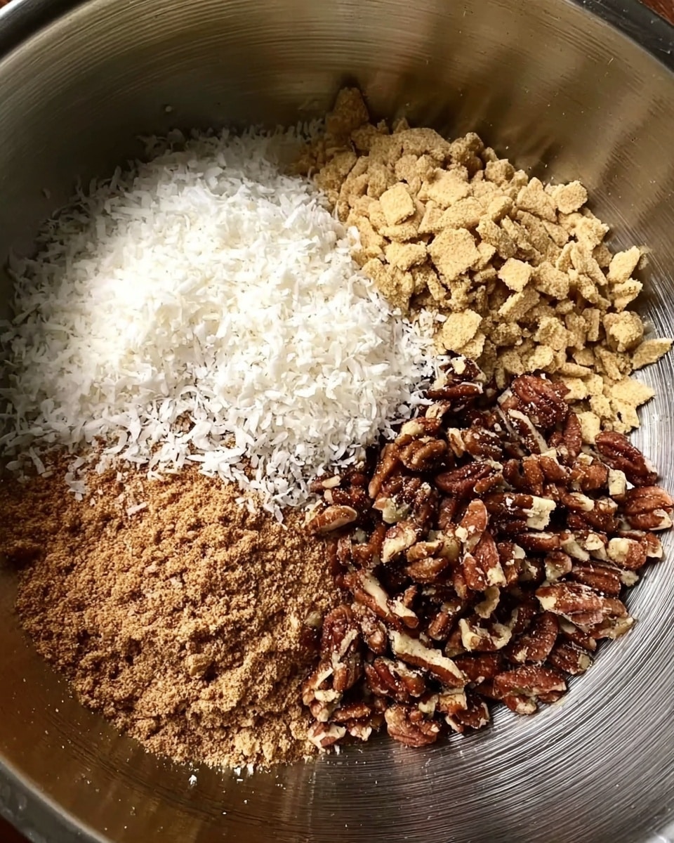 Inside a large shiny metal bowl, three dry ingredients rest in separate sections: finely shredded white coconut on the left, crumbled light brown graham crackers on the top right, and coarsely chopped dark brown pecans at the bottom. The ingredients form a tri-part arrangement showing their different textures and colors clearly. The photo taken with an iphone --ar 4:5 --v 7
