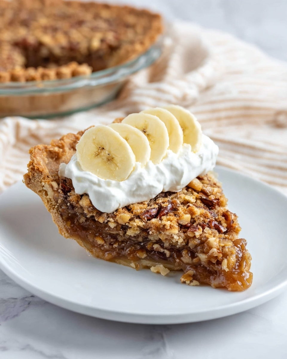 A slice of nutty brown pie with a crumbly, slightly cracked top layer sits on a white plate. The pie filling is thick, sticky, and glossy with visible chopped nuts evenly spread inside. A dollop of white whipped cream is placed on top of the slice, topped with three round, fresh, pale yellow banana slices arranged in a row. In the background, there is a full pie in a clear glass pie dish with a light golden crust, all placed on a white marbled surface with a beige and white striped cloth nearby. photo taken with an iphone --ar 4:5 --v 7