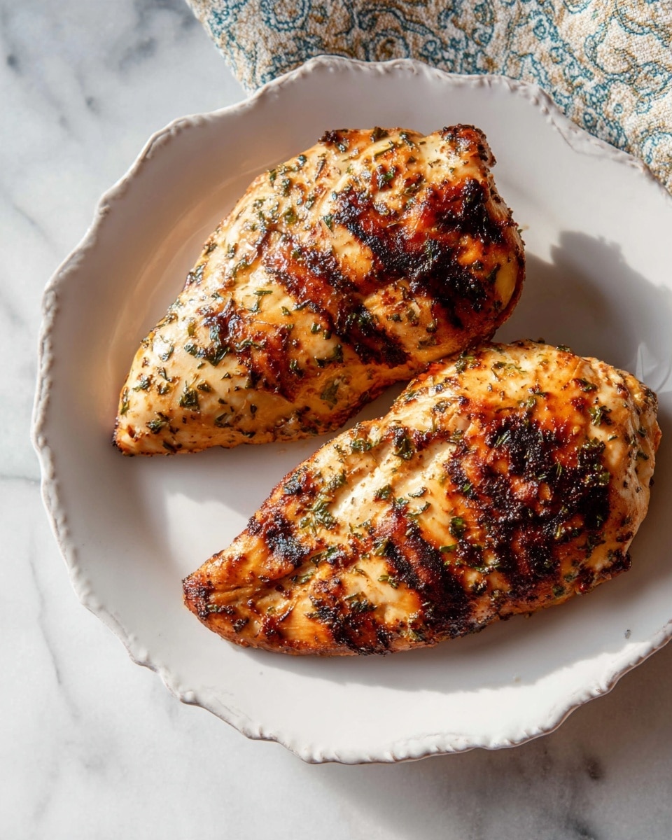 Two grilled chicken pieces with a warm golden-brown color and charred dark spots sit side by side on a white, scalloped edge plate. The skin is seasoned with finely chopped green herbs sprinkled evenly over the surface. The plate is placed on a white marbled textured surface with part of a patterned cloth in blue and beige tones showing in the upper part of the image. The lighting highlights the texture and seasoning on the chicken, making it look juicy and appetizing. photo taken with an iphone --ar 4:5 --v 7