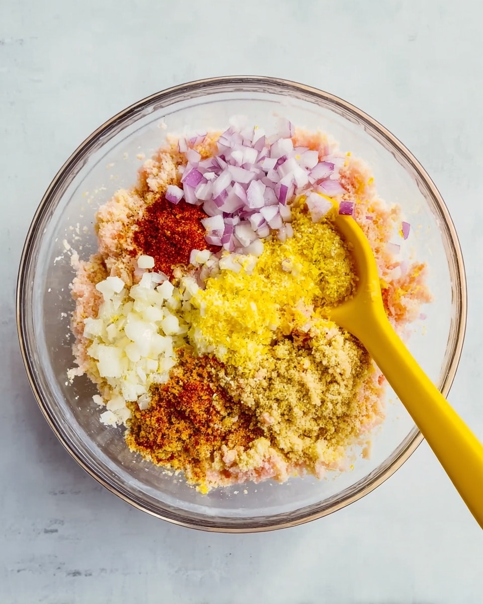 A clear glass bowl sits on a white marbled surface, filled with several layers of ingredients separated by color and texture. The bottom layer is a soft, pale pink mixture. On top of that are five sections: finely chopped light purple shallots at the front left, small white chopped garlic bits at the front right, bright yellow lemon zest behind the garlic, light brown crumbs to the back left, and a small amount of red chili powder to the center left. A yellow spoon rests on the right side of the bowl, partially on top of the lemon zest section. photo taken with an iphone --ar 4:5 --v 7