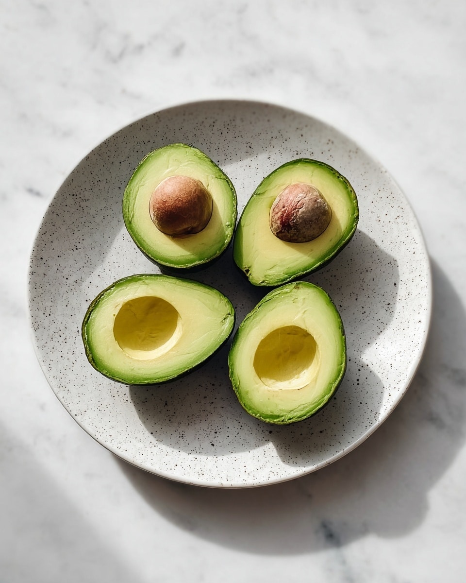 A white speckled plate holds four avocado halves arranged in a loose circle. Two halves show the smooth green flesh with brown seeds centered in them, while the other two display empty, hollow spaces where the seeds were removed. The avocado skin is dark green and slightly rough, giving a contrast to the creamy light green inside. The plate sits on a white marbled surface, and soft natural light casts gentle shadows around the avocados, highlighting their smooth texture and fresh look. photo taken with an iphone --ar 4:5 --v 7