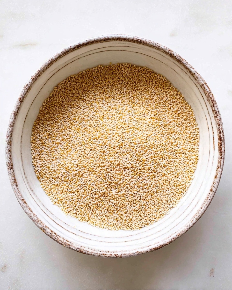A white bowl with thin brown lines around the inside edge is filled with small, light yellow and white round grains, all evenly spread out to fill the bowl almost to the rim. The grains are dry and have a textured, tiny bead-like appearance. The bowl sits on a white marbled surface. photo taken with an iphone --ar 4:5 --v 7