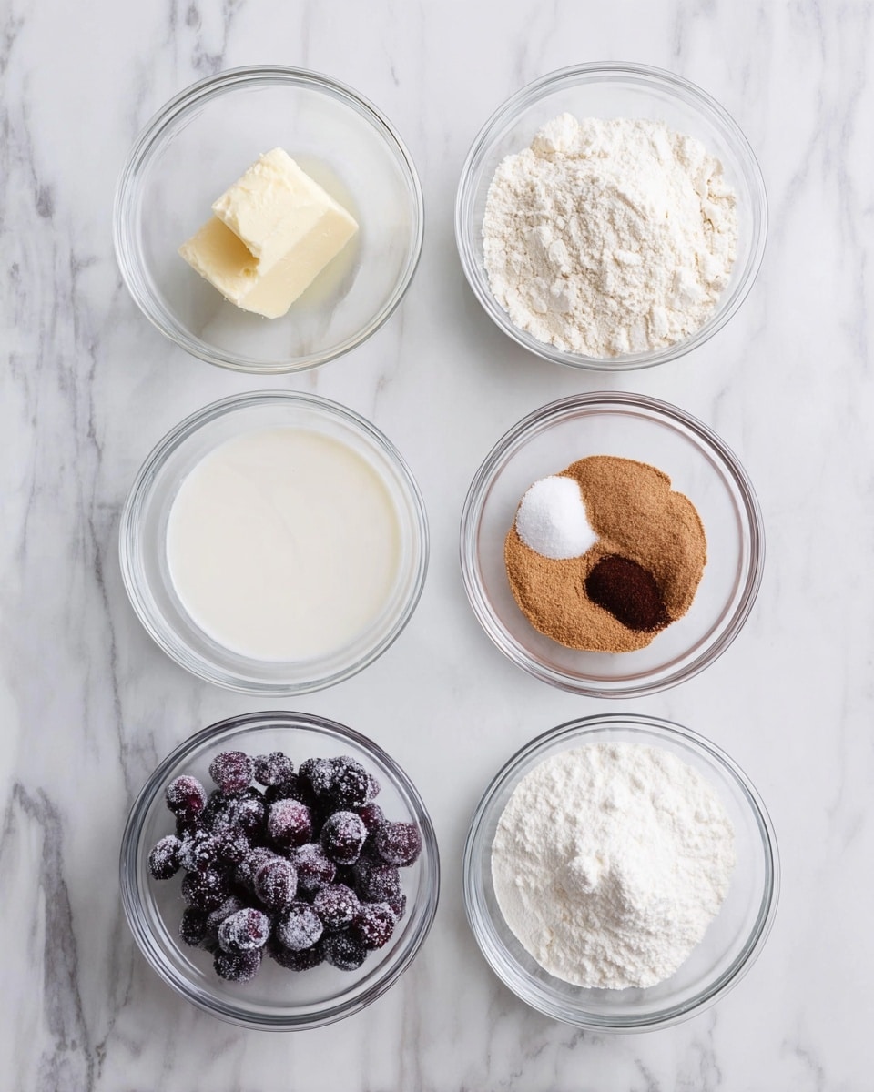 Six clear glass bowls are arranged on a white marbled surface in two rows of three. The top row has a small wedge of pale yellow butter in the left bowl, white flour with a soft powdery texture in the middle, and a bowl on the right containing light brown sugar with dark brown spices behind it. The bottom row has milk in the left bowl with a smooth white liquid, dark frozen berries covered with frost in the middle bowl, and two white powders in the right bowl. The bowls are evenly spaced and the image is bright and clear. photo taken with an iphone --ar 4:5 --v 7