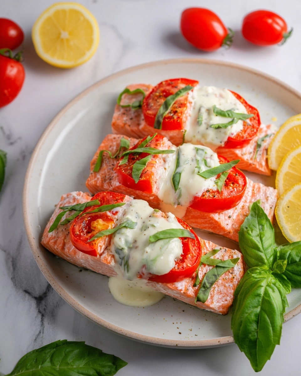 The dish shows several pieces of cooked salmon with a soft pink color as the base layer, topped with a bright red slice of tomato on each piece. On top of the tomatoes, there is a dollop of creamy white sauce with a smooth texture, garnished with thin strips of fresh green basil. The salmon pieces are placed on a white plate with a slight texture, and to the side, there is a bright yellow lemon wedge. Fresh whole red tomatoes and green basil leaves are visible around the plate, all set on a white marbled surface. photo taken with an iphone --ar 4:5 --v 7