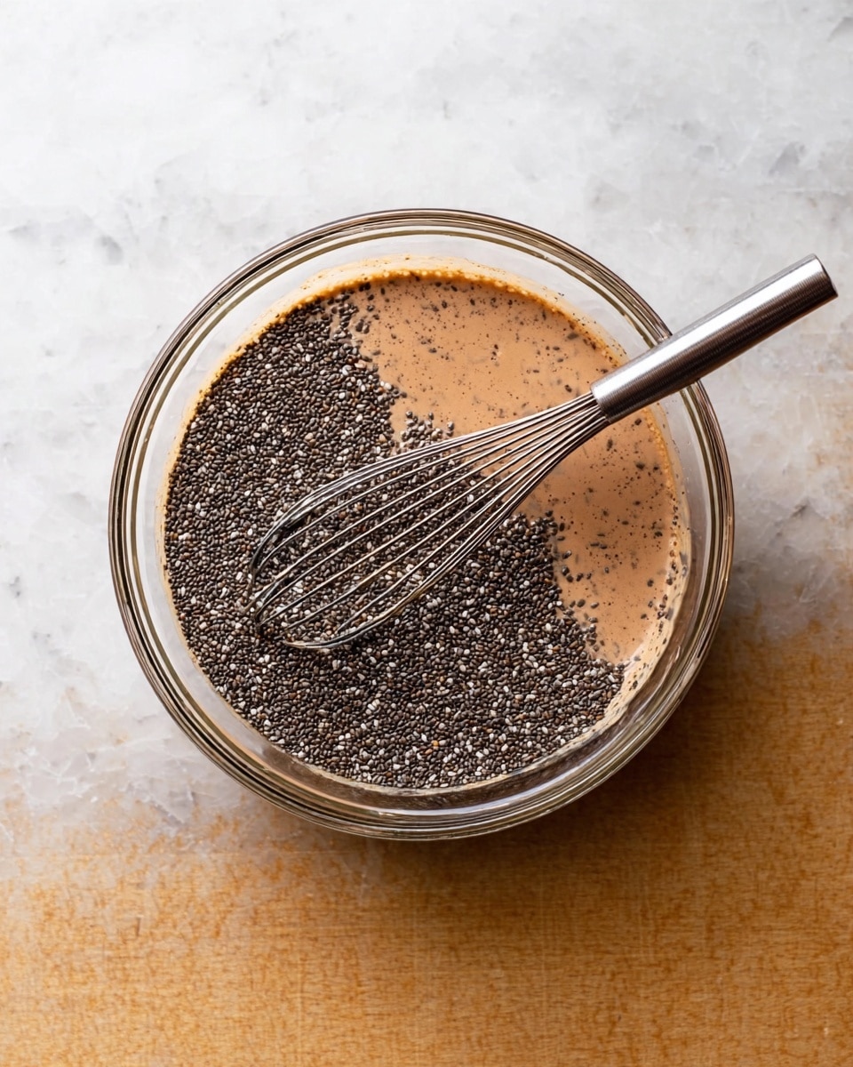 A clear glass bowl sits on a white marbled surface, holding a light brown, creamy liquid forming the bottom layer. On top of this mixture, a generous layer of small, dark gray chia seeds covers nearly half of the surface, showing a clear contrast. A shiny metal whisk with thin wires rests inside the bowl, partially covered by the chia seeds and the liquid. The scene is lit evenly, highlighting the textures of the liquid and seeds. photo taken with an iphone --ar 4:5 --v 7