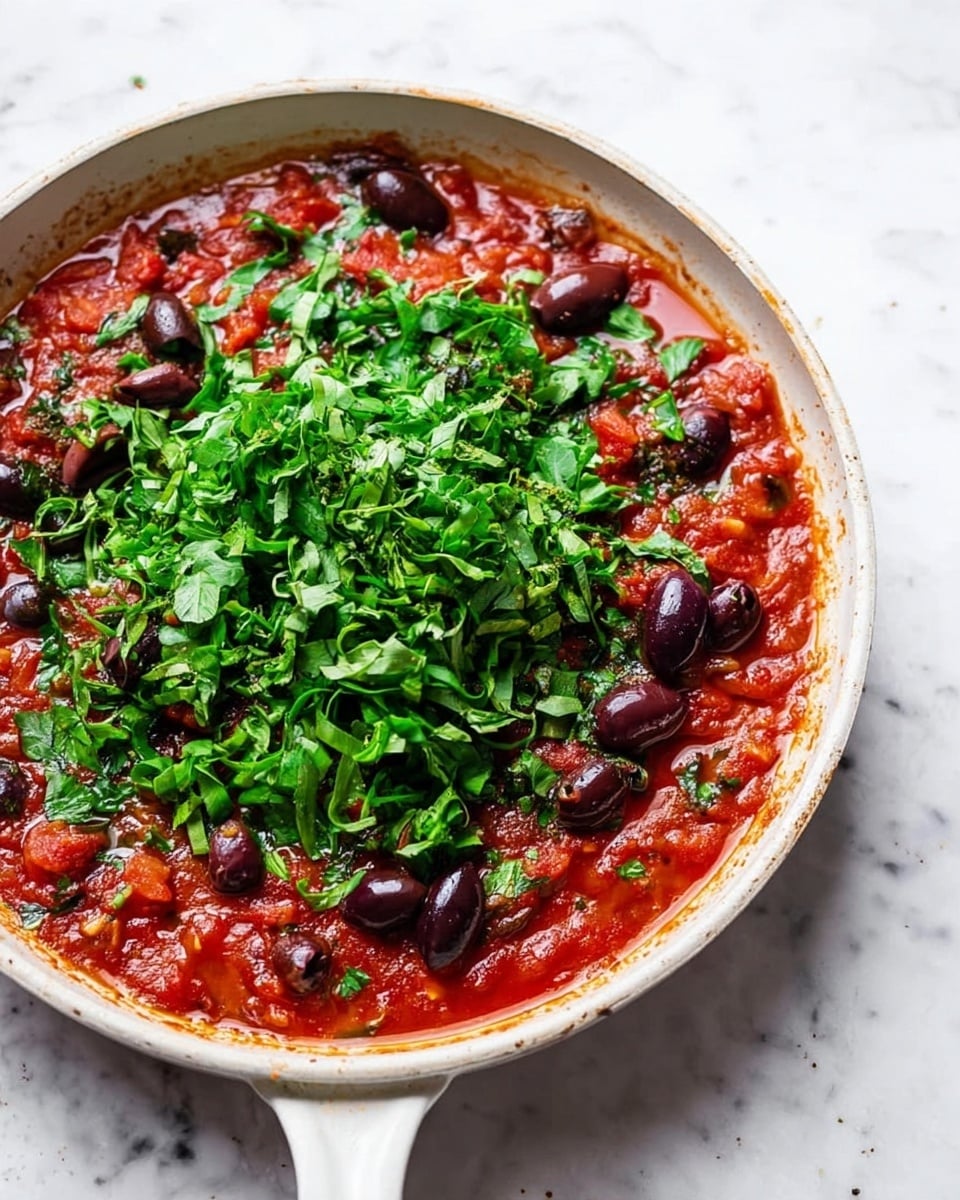 A white frying pan filled with rich red tomato sauce with visible small tomato pieces forms the base layer, topped generously with finely chopped fresh green herbs spread over the center. Scattered dark purple-black sliced olives rest on top and beneath the herbs, adding contrast in color and texture. The pan handle extends forward, sitting on a white marbled surface. The sauce looks thick and fresh, with a slight sheen of olive oil visible around the edges. photo taken with an iphone --ar 4:5 --v 7