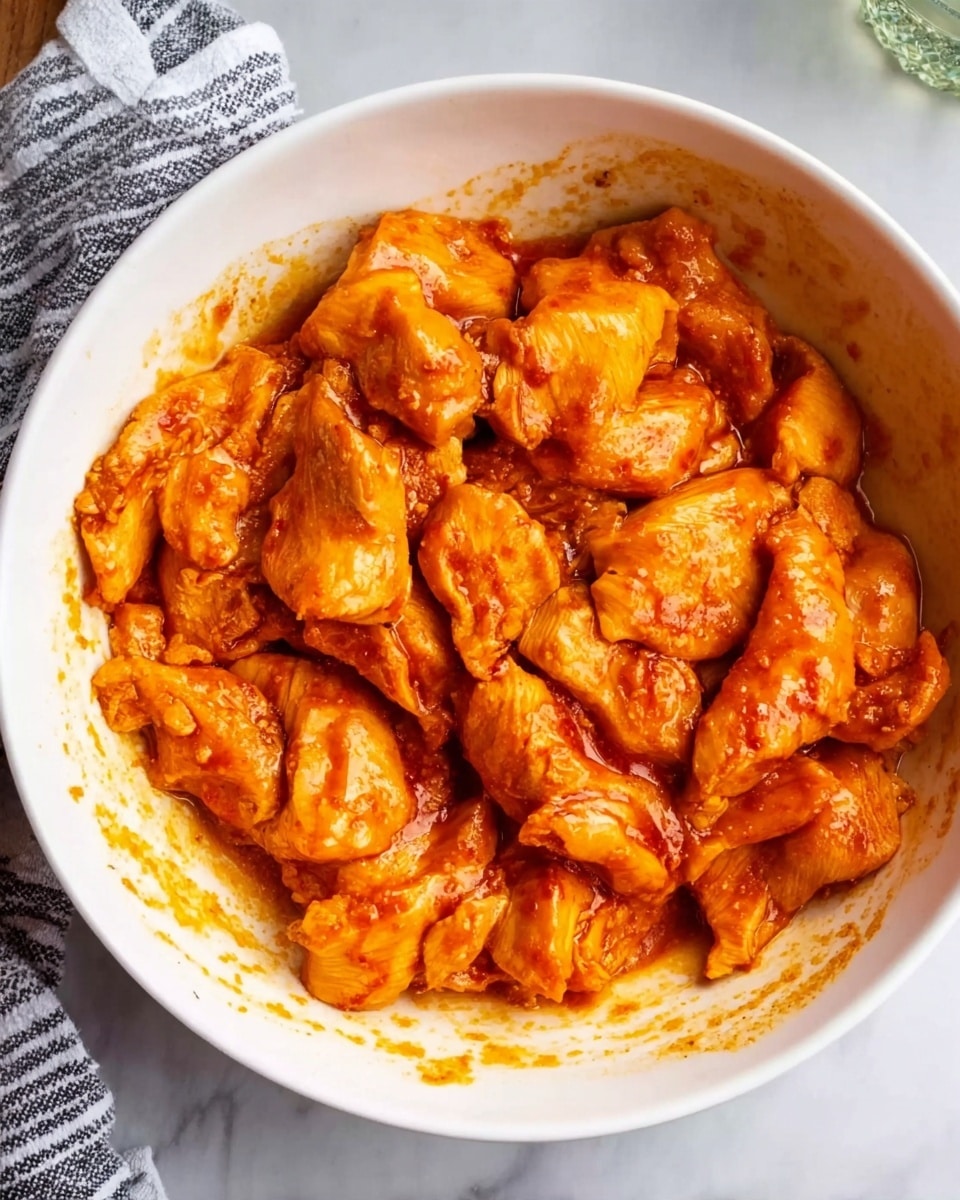 A white bowl sits on a white marbled surface, filled with multiple pieces of raw chicken coated in a bright orange-red sauce. The chicken pieces vary in size and shape, layered closely together inside the bowl, which has some sauce smeared along its inner sides. There is also a partial view of a woman’s hand holding a striped cloth on the top left edge of the image, and a glass item with a slight green tint is visible on the upper right side. The overall texture of the chicken is soft and moist, with the sauce evenly covering the surfaces. photo taken with an iphone --ar 4:5 --v 7